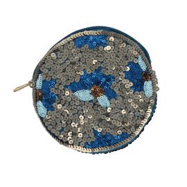 porte-monnaie rond à sequins bronze bleu et fleurs