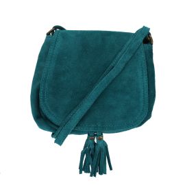 sac en cuir daim turquoise pompons